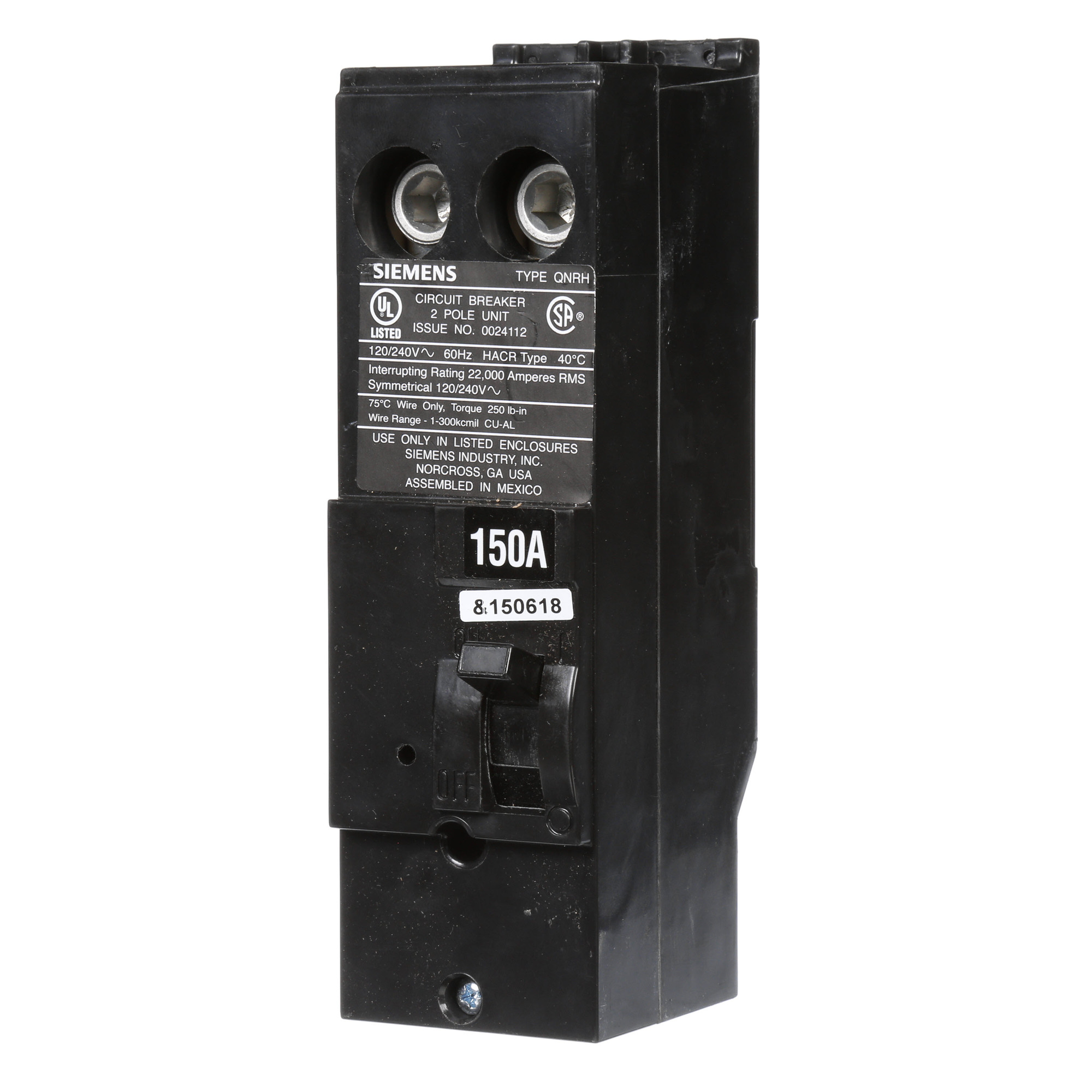 QN2150RH Type QNRH Low Voltage Miniature Molded Case Circuit Breaker, 120/240 V AC, 150 A, 22 kA Interrupt, 2 Poles, Thermal Magnetic Trip
