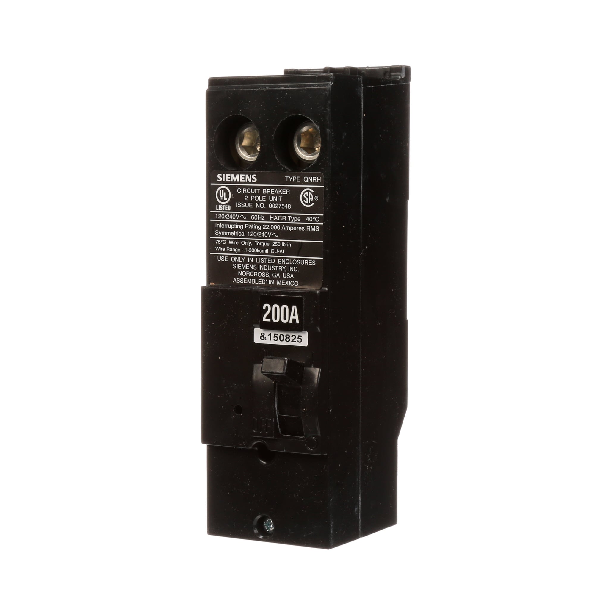 QN2200RH Type QNRH Low Voltage Miniature Molded Case Circuit Breaker, 120/240 V AC, 200 A, 22 kA Interrupt, 2 Poles, Thermal Magnetic Trip