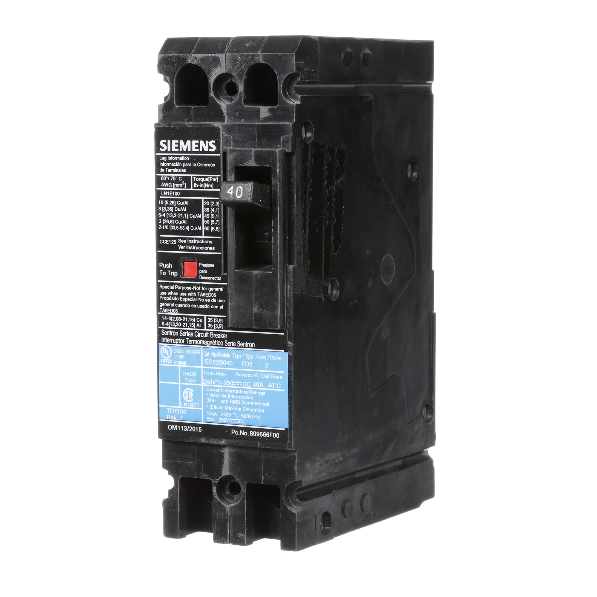 ED22B040 Sentron Type ED2 Low Voltage Molded Case Circuit Breaker, 240 VAC, 125/250 VDC, 40 A, 10 kA Interrupt, 2 Poles, Thermal Magnetic Trip