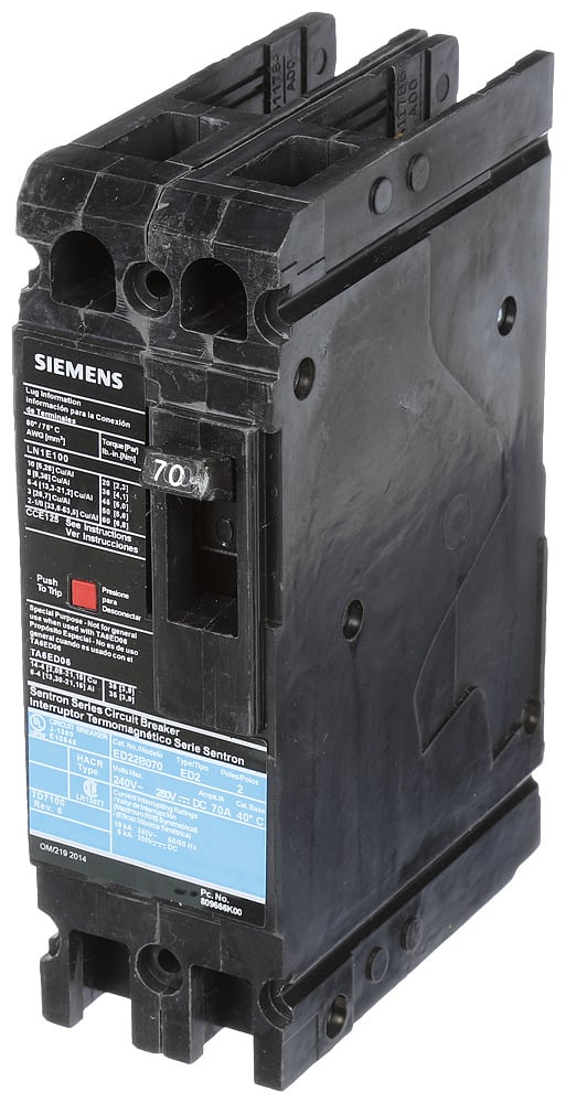 ED22B070 Low Voltage Molded Case Circuit Breaker With Load Lugs, 240 VAC, 125/250 VDC, 70 A, 10 kA Interrupt, 2 Poles, Thermal Magnetic Trip
