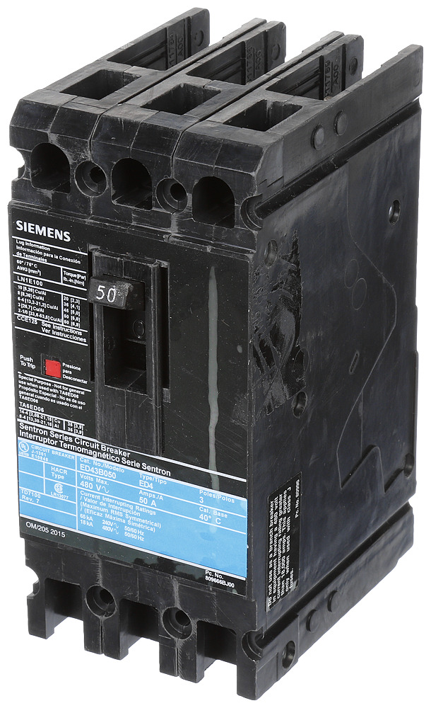 ED43B050 Sentron Type ED4 Low Voltage Molded Case Circuit Breaker, 480 V AC/250 V DC, 50 A, 18 kA Interrupt, 3 Poles, Thermal Magnetic Trip