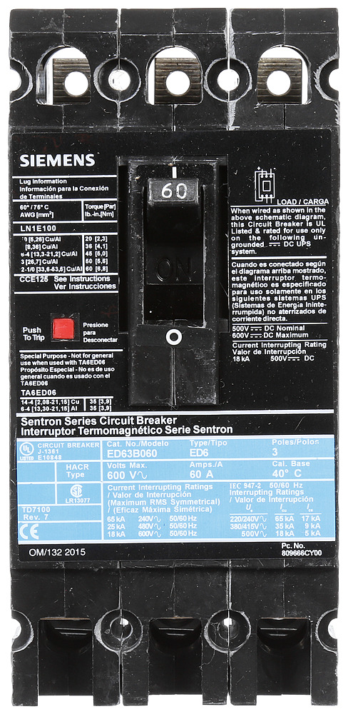 ED63B060 Sentron Type ED6 Low Voltage Molded Case Circuit Breaker, 600 V AC/250 V DC, 60 A, 18 kA Interrupt, 3 Poles, Thermal Magnetic Trip