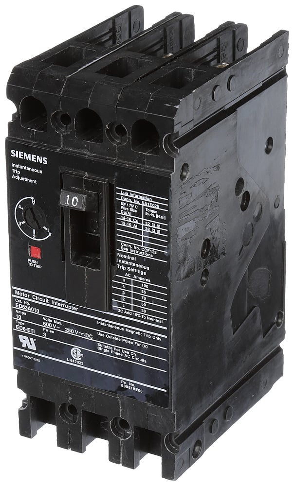 ED63A010 Sentron Type ED6 Low Voltage Molded Case Circuit Breaker, 600 V AC/250 V DC, 10 A, 18 kA Interrupt, 3 Poles, Thermal Magnetic Trip
