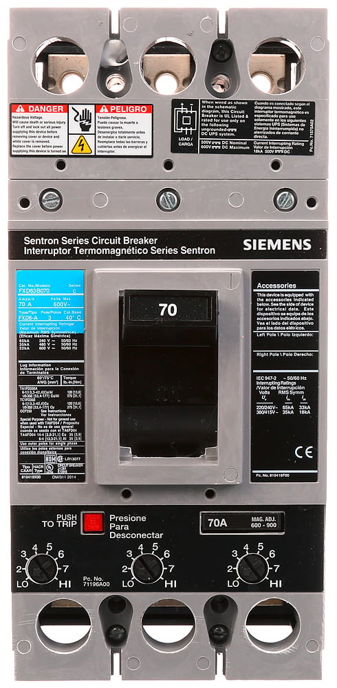 FXD63B070 Sentron Type FXD6 Low Voltage Molded Case Circuit Breaker, 600 V AC, 70 A, 22 kA Interrupt, 3 Poles, Thermal Magnetic Trip