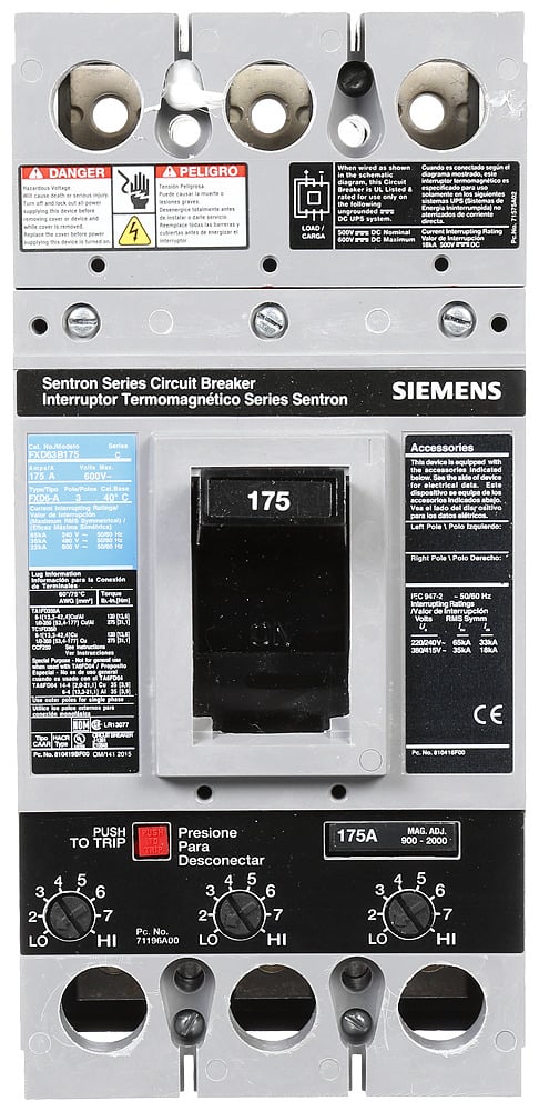 FXD63B175 Sentron Type FXD6 Low Voltage Molded Case Circuit Breaker, 600 V AC, 175 A, 22 kA Interrupt, 3 Poles, Thermal Magnetic Trip