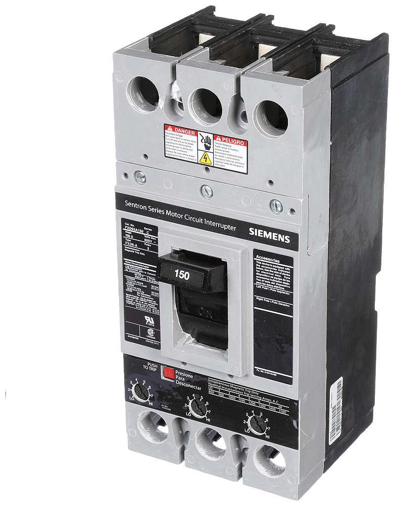 FXD63A150 Sentron Type FXD6 Low Voltage Molded Case Circuit Breaker, 600 V AC, 150 A, 22 kA Interrupt, 3 Poles, Thermal Magnetic Trip