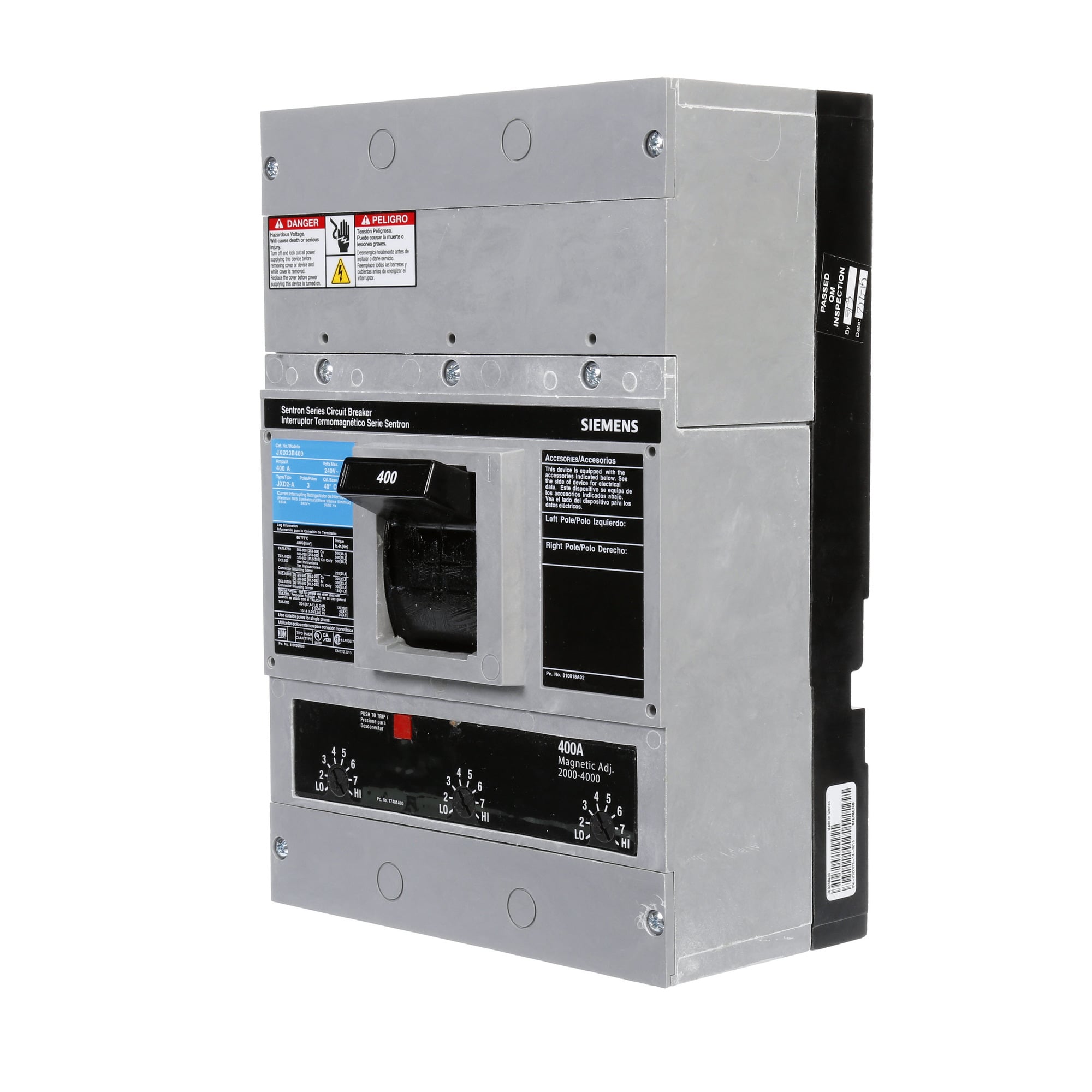 JXD23B400 Sentron Type JXD2 Low Voltage Molded Case Circuit Breaker, 240 V AC/250 V DC, 400 A, 65 kA Interrupt, 3 Poles, Thermal Magnetic Trip