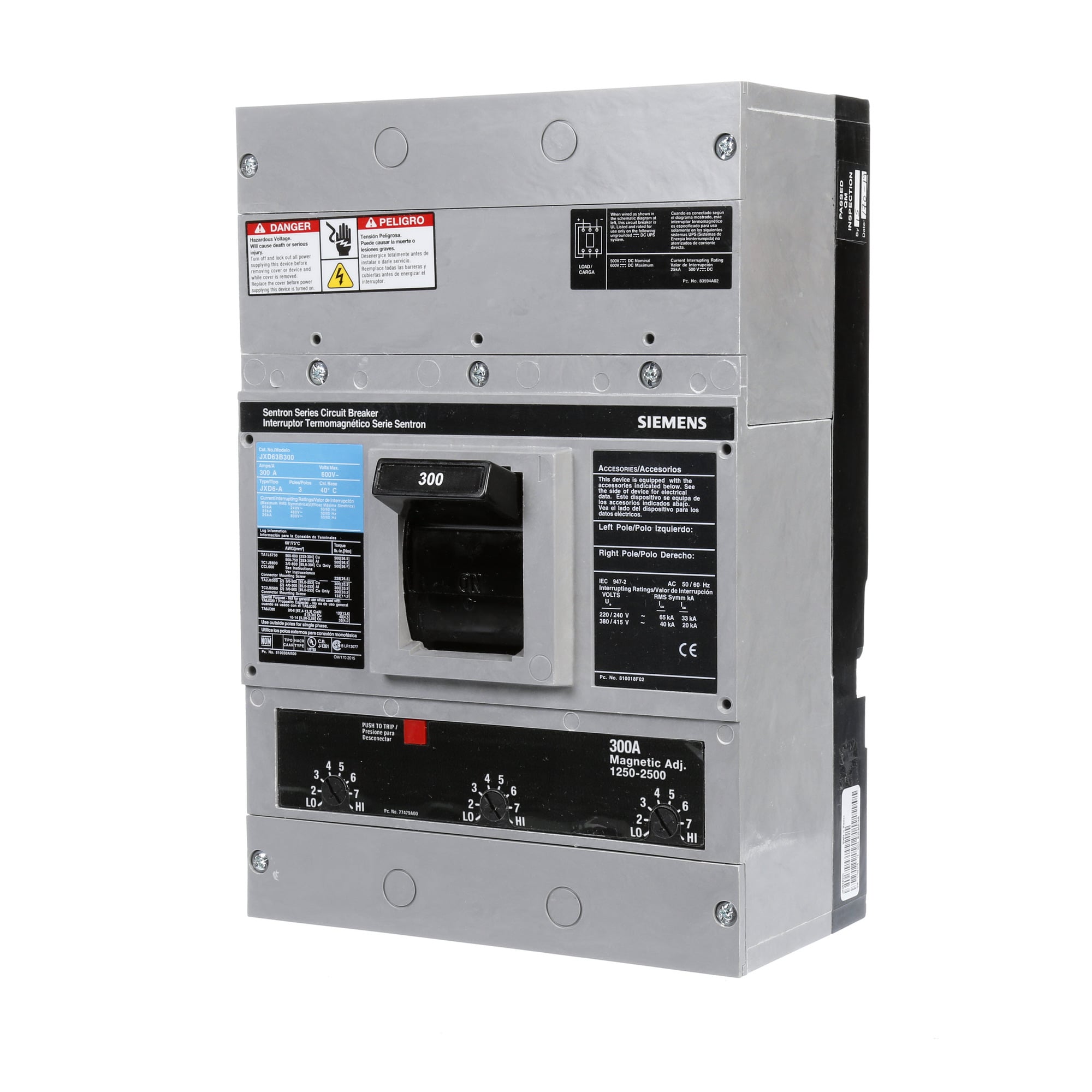 JXD63B300 Sentron Type JXD6 Low Voltage Molded Case Circuit Breaker, 600 V AC/250 V DC, 300 A, 25 kA Interrupt, 3 Poles, Thermal Magnetic Trip