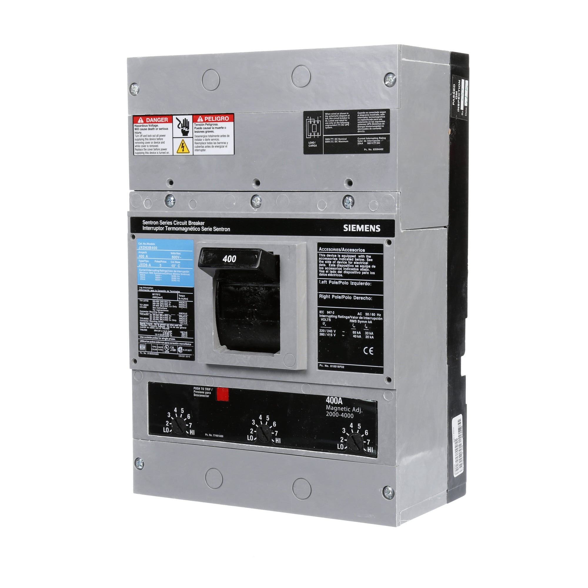 JXD63B400 Sentron Speedfax Type JXD6 Low Voltage Molded Case Circuit Breaker, 600 V AC/250 V DC, 400 A, 25 kA Interrupt, 3 Poles, Thermal Magnetic Trip