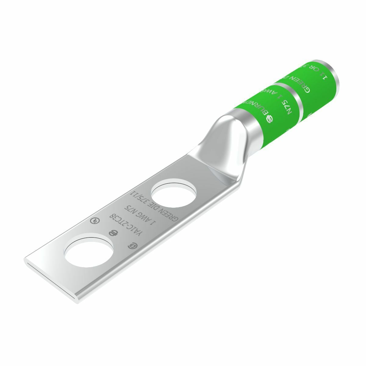 YA1C2N YA-2N 2-Hole Compression Lug, 1 AWG Stranded Copper Conductor, Die Code: 11, 1/2 in Stud, Tin Plated Copper
