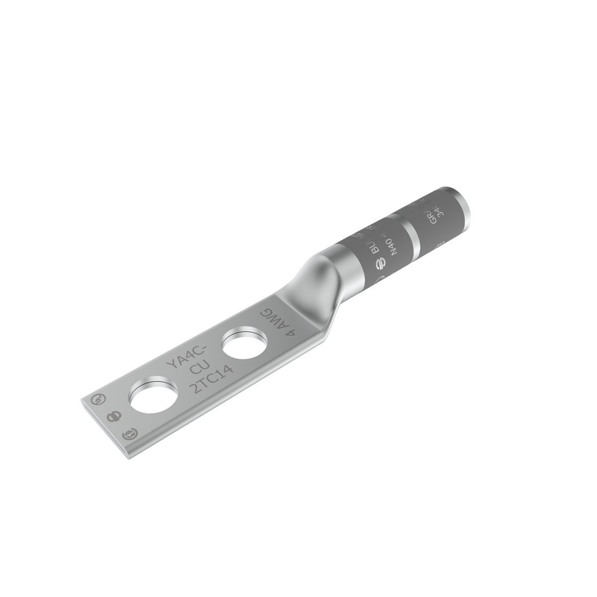 YA4C2N YA-2N 2-Hole Compression Lug, 4 AWG Stranded Copper Conductor, Die Code: 8, 1/2 in Stud, Tin Plated Copper