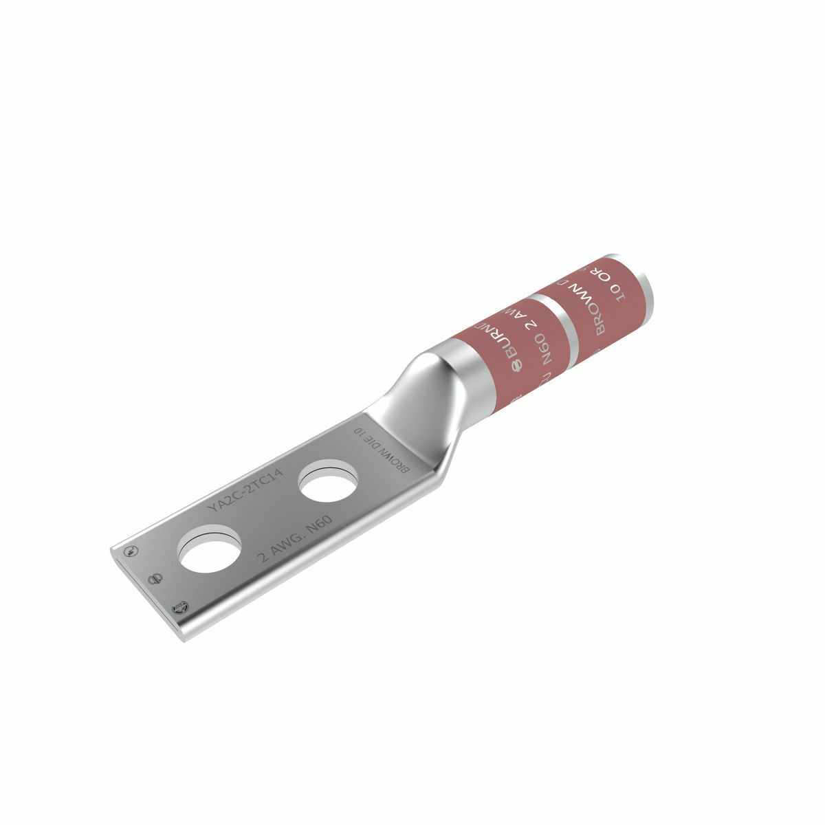 YA2C2TC14 YA-2TC 2-Hole Compression Lug, 2 AWG Solid/Stranded Copper Conductor, Die Code: 10, 1/4 in Stud, Tin Plated Copper