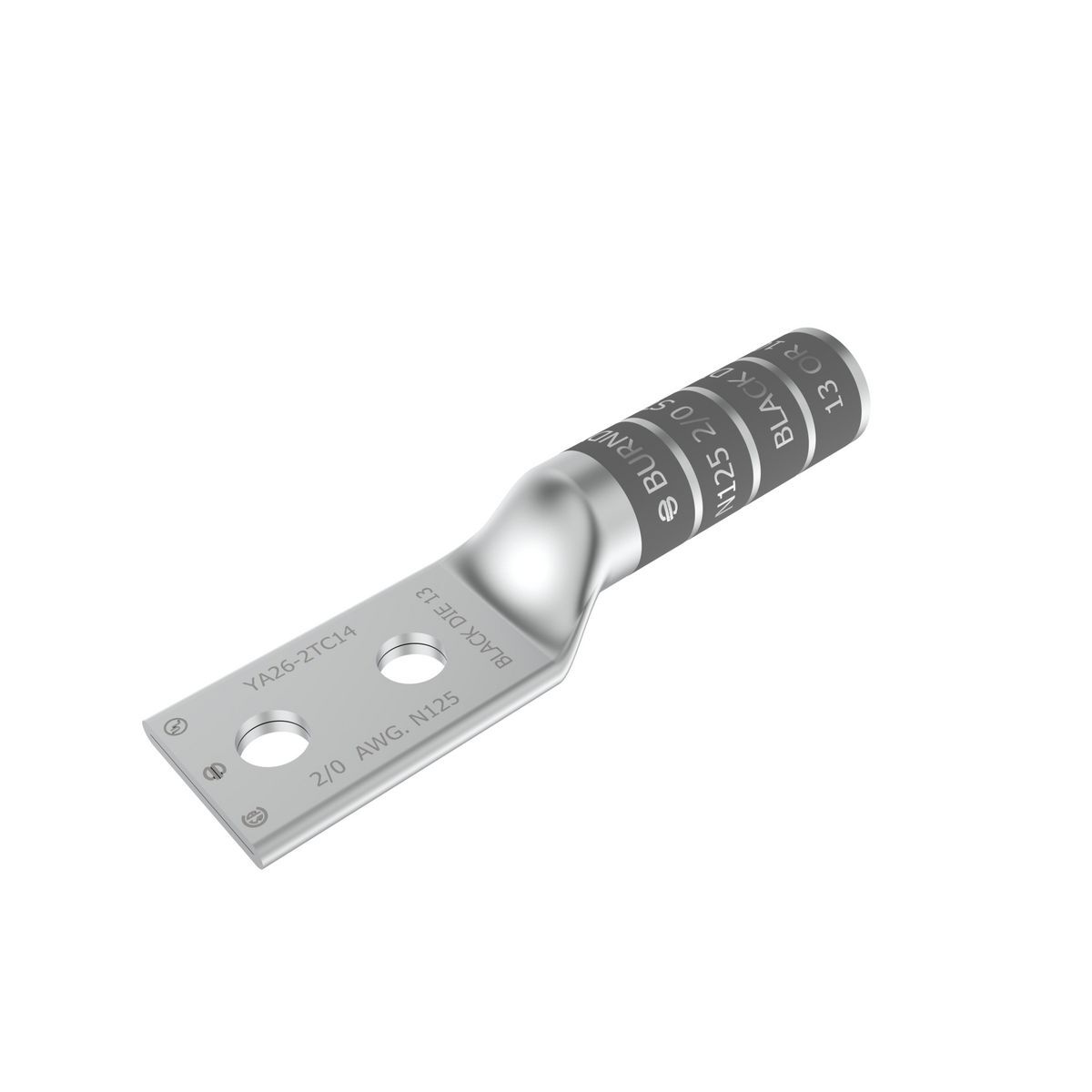 YA262N YA-2N 2-Hole Compression Lug, 2/0 AWG Stranded Copper Conductor, Die Code: 13, 1/2 in Stud, Tin Plated Copper