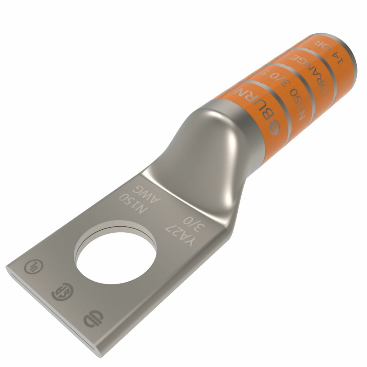 YA27 YA Series 1-Hole Uninsulated Compression Lug, 3/0 AWG Stranded Copper Conductor, Die Code: 14, 1/2 in Stud, Tin Plated Copper