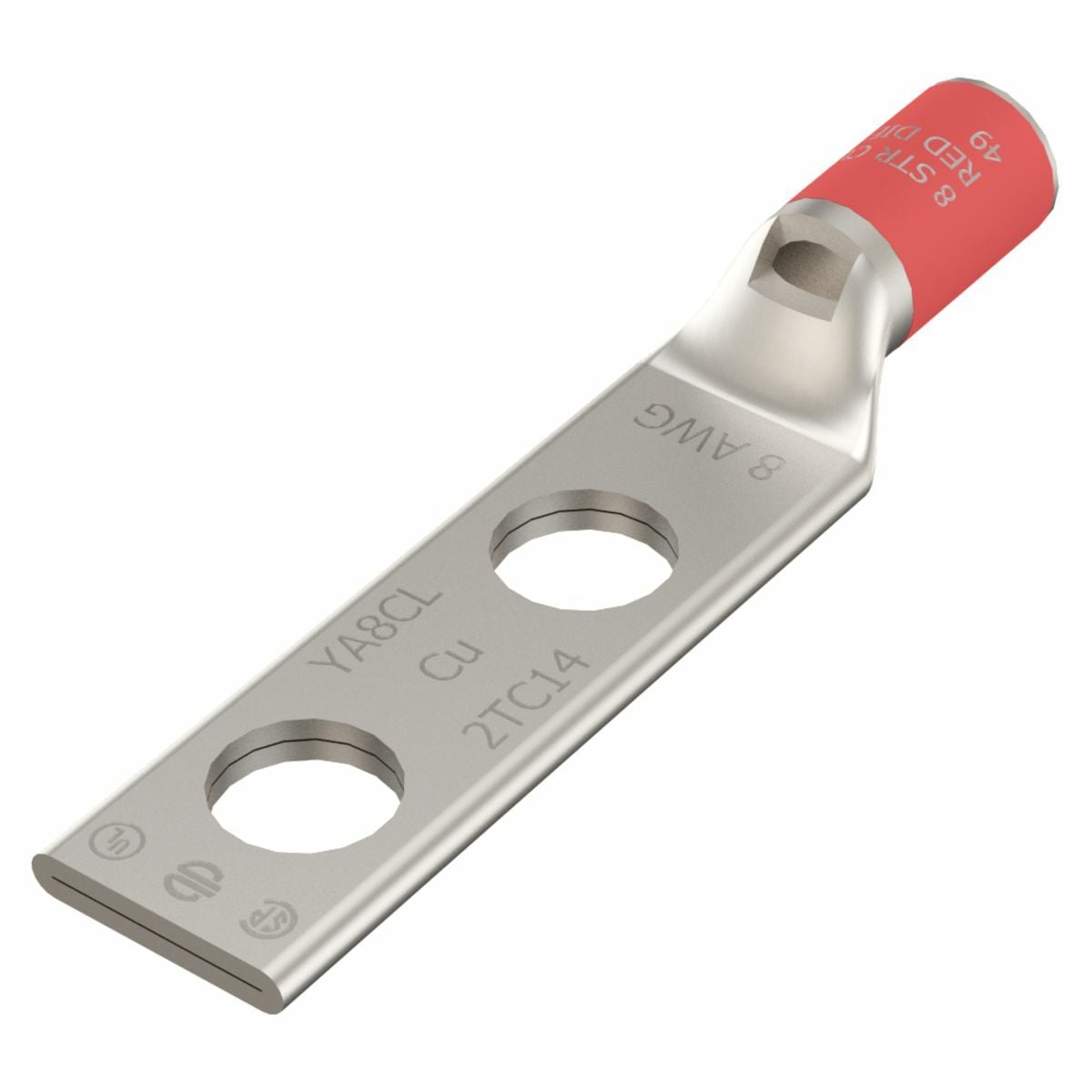 YA8CL2TC10 YA-L-2TC 2-Hole Compression Lug With Inspection Window, 8 AWG Solid/Stranded Copper Conductor, Die Code: 49, #8 to #10 Stud, Electro Plated Tin Copper