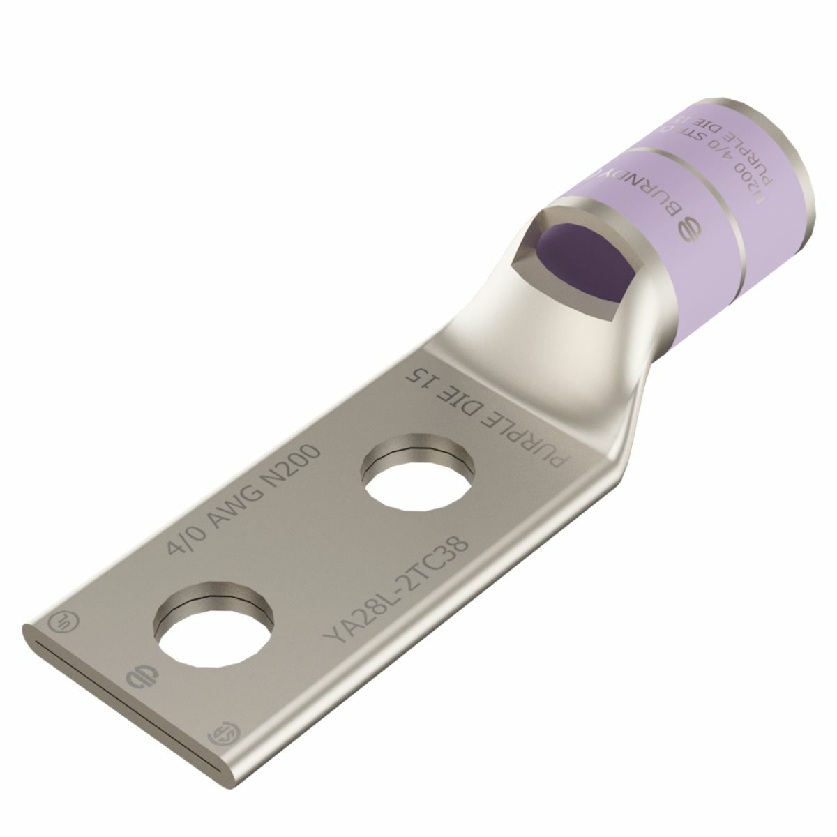 YA28L2TC38 YA-L-2TC 2-Hole Compression Lug With Inspection Window, 4/0 AWG Stranded Copper Conductor, Die Code: 15, 3/8 in Stud, Tin Plated Copper