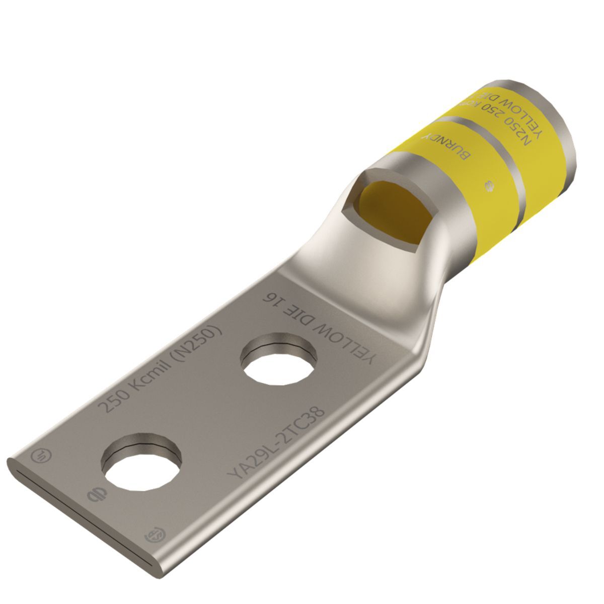 YA29L2TC38 YA-L-2TC 2-Hole Compression Lug With Inspection Window, 250 kcmil Stranded Copper Conductor, Die Code: 16, 3/8 in Stud, Tin Plated Copper
