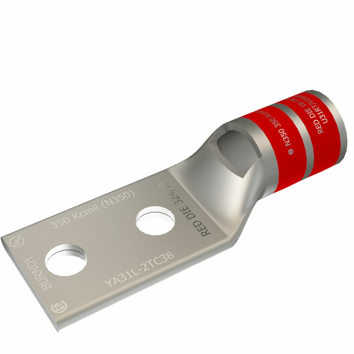 YA31L2TC38 YA-L-2TC 2-Hole Compression Lug With Inspection Window, 350 kcmil Stranded Copper Conductor, Die Code: 18, 3/8 in Stud, Electro Plated Tin Copper