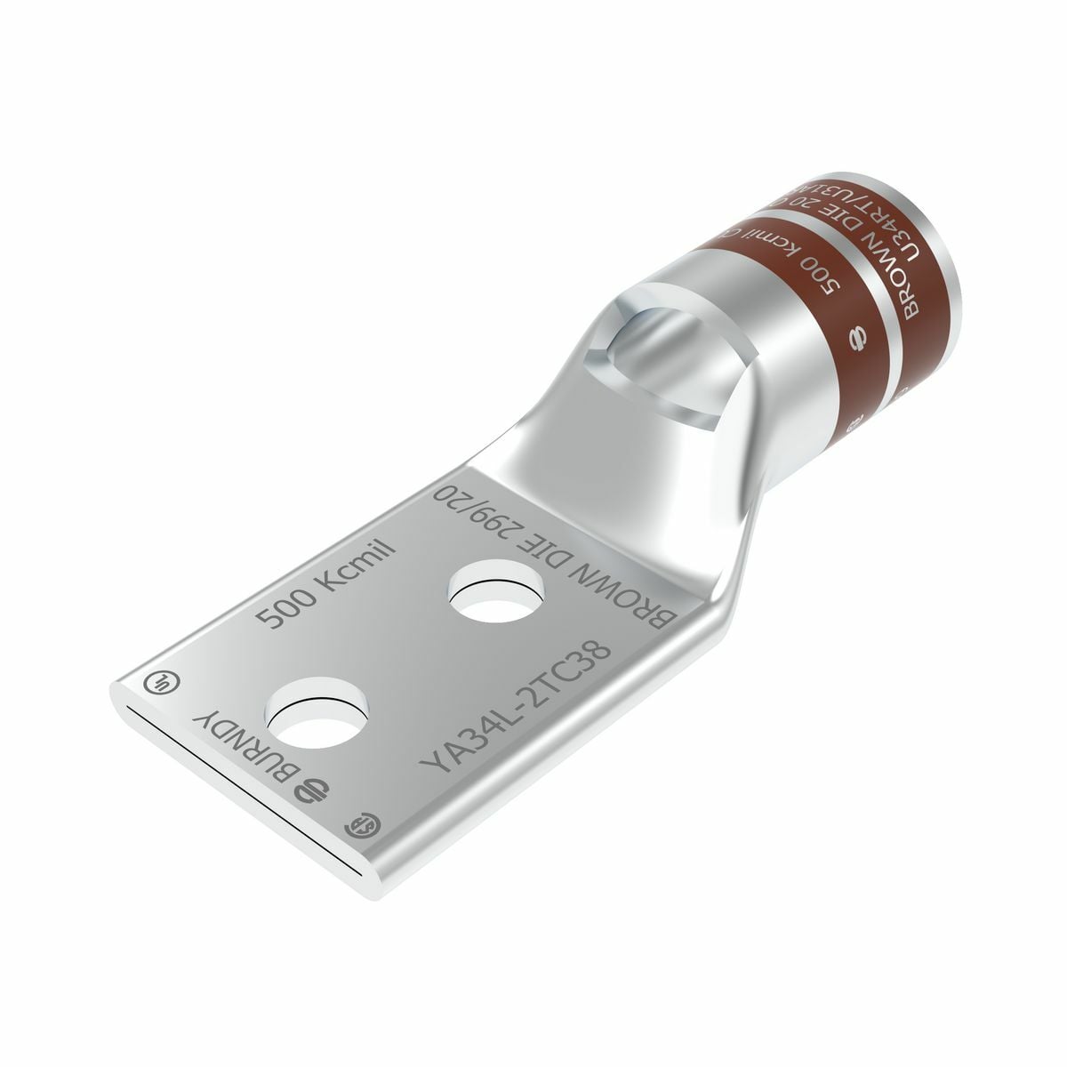 YA34L2TC38 YA-L-2TC 2-Hole Compression Lug With Inspection Window, 500 kcmil Stranded Copper Conductor, Die Code: 20, 3/8 in Stud, Electro Plated Tin Copper