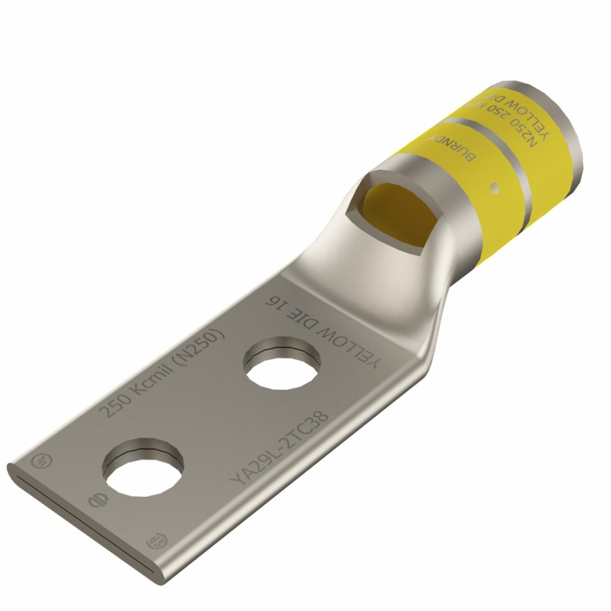 YA292LN YA-2LN 2-Hole Compression Lug With Inspection Window, 250 kcmil Stranded Copper Conductor, Die Code: 16, 1/2 in Stud, Tin Plated Copper