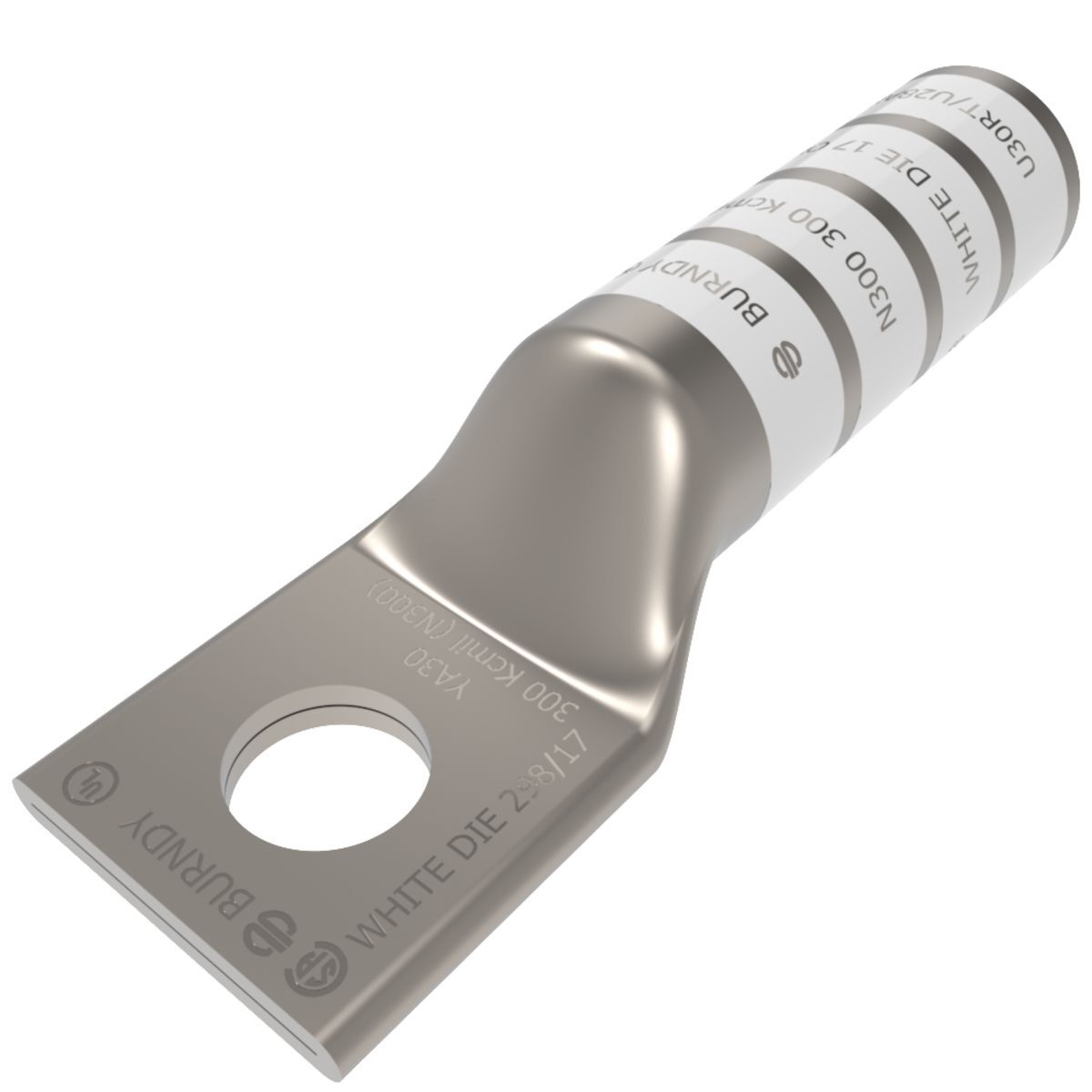 YA30 YA Series 1-Hole Uninsulated Compression Lug, 300 kcmil Stranded Copper Conductor, Die Code: 17/298, 1/2 in Stud, Tin Plated Copper