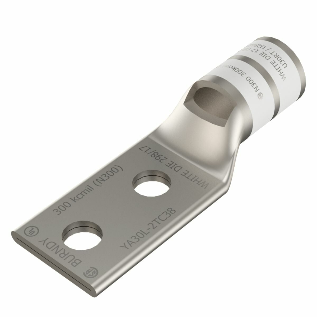 YA302LN YA-2LN 2-Hole Compression Lug With Inspection Window, 300 kcmil Stranded Copper Conductor, Die Code: 17/298, 1/2 in Stud, Copper