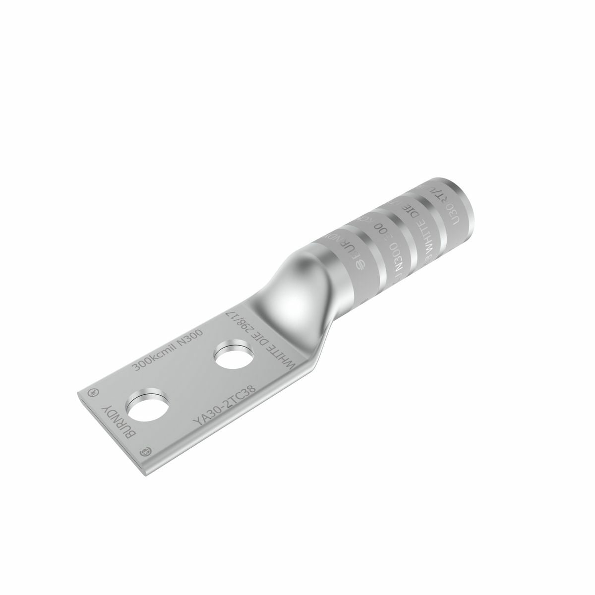 YA302N YA-2N 2-Hole Compression Lug, 300 kcmil Stranded Copper Conductor, Die Code: 17/298, 1/2 in Stud, Tin Plated Copper
