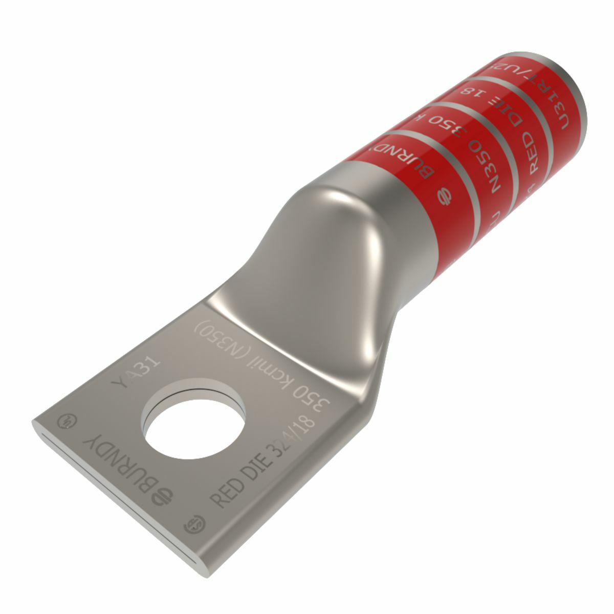 YA31 YA Series 1-Hole Uninsulated Compression Lug, 350 kcmil Stranded Copper Conductor, Die Code: 18/324, 1/2 in Stud, Tin Plated Copper
