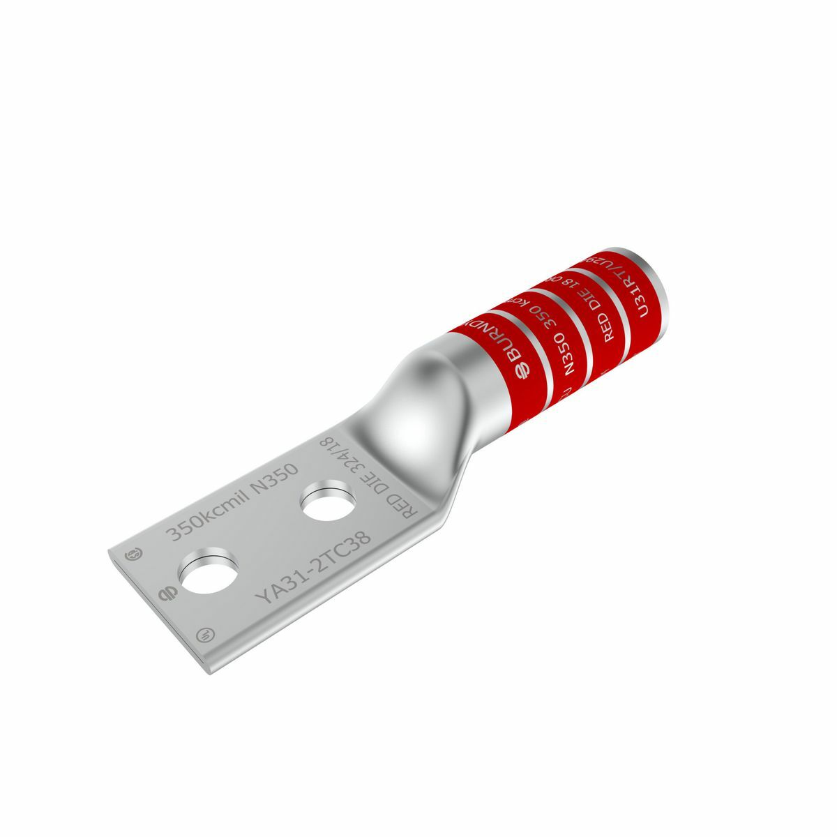 YA312N 2-Hole Compression Lug, 350 kcmil Stranded Copper Conductor, Die Code: 18, 1/2 in Stud, Tin Plated Copper