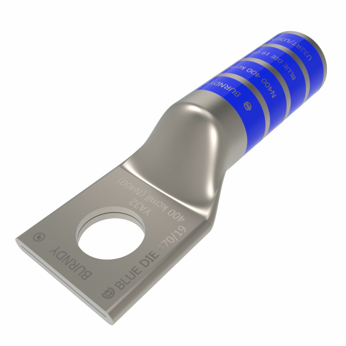 YA32 YA Series 1-Hole Uninsulated Compression Lug, 400 kcmil Stranded Copper Conductor, Die Code: 19/470, 5/8 in Stud, Tin Plated Copper