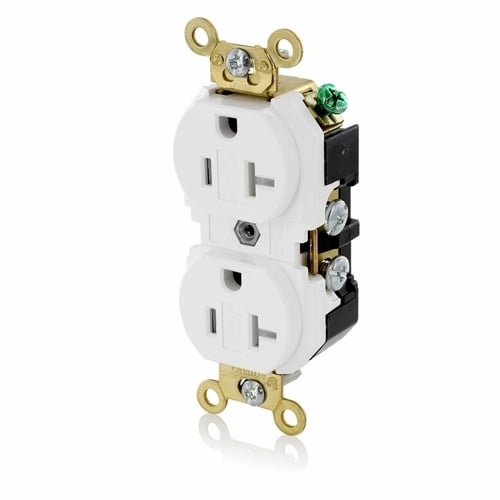 5362-SGW Duplex Extra Heavy Duty Self-Grounding Tamper Resistant Straight Blade Receptacle, 125 V AC, 20 A, 2 Poles, 3 Wires, White