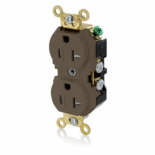 5362-SG Duplex Extra Heavy Duty Self-Grounding Tamper Resistant Straight Blade Receptacle, 125 V AC, 20 A, 2 Poles, 3 Wires, Brown