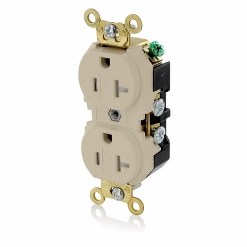 5362-SGI Duplex Extra Heavy Duty Self-Grounding Tamper Resistant Straight Blade Receptacle, 125 V AC, 20 A, 2 Poles, 3 Wires, Ivory
