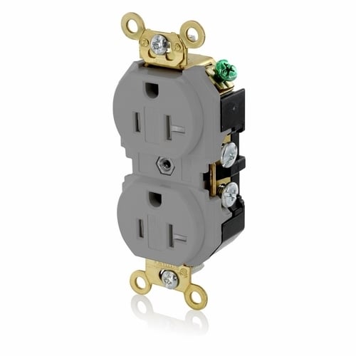 5362-SGG Duplex Extra Heavy Duty Self-Grounding Tamper Resistant Straight Blade Receptacle, 125 V AC, 20 A, 2 Poles, 3 Wires, Gray