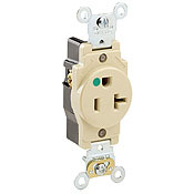 8310-W Extra Heavy Duty Single Straight Blade Receptacle, 125 V AC, 20 A, 2 Poles, 3 Wires, White
