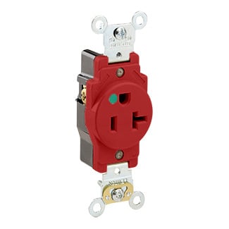 8310-R Extra Heavy Duty Single Straight Blade Receptacle, 125 V AC, 20 A, 2 Poles, 3 Wires, Red