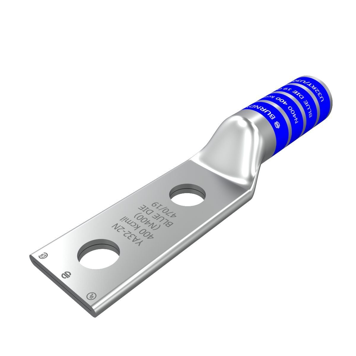 YA322N YA-2N 2-Hole Compression Lug, 400 kcmil Stranded Copper Conductor, Die Code: 19/490, 1/2 in Stud, Tin Plated Copper
