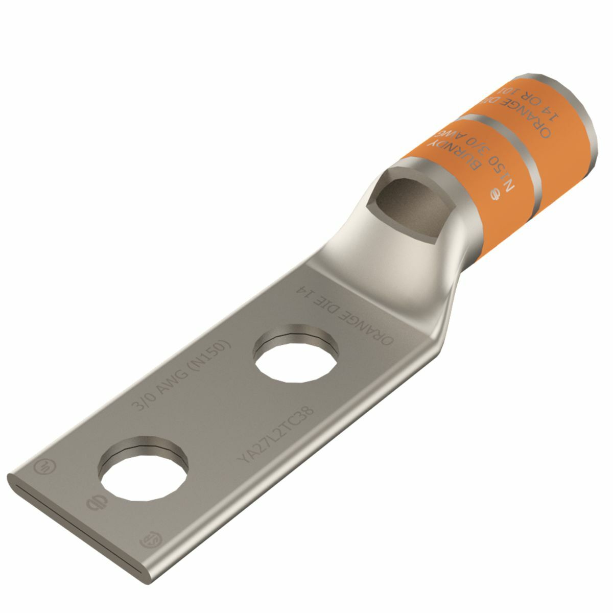 YA27L2TC38 YA-L-2TC 2-Hole Compression Lug With Inspection Window, 3/0 AWG Stranded Copper Conductor, Die Code: 14, 3/8 in Stud, Tin Plated Copper