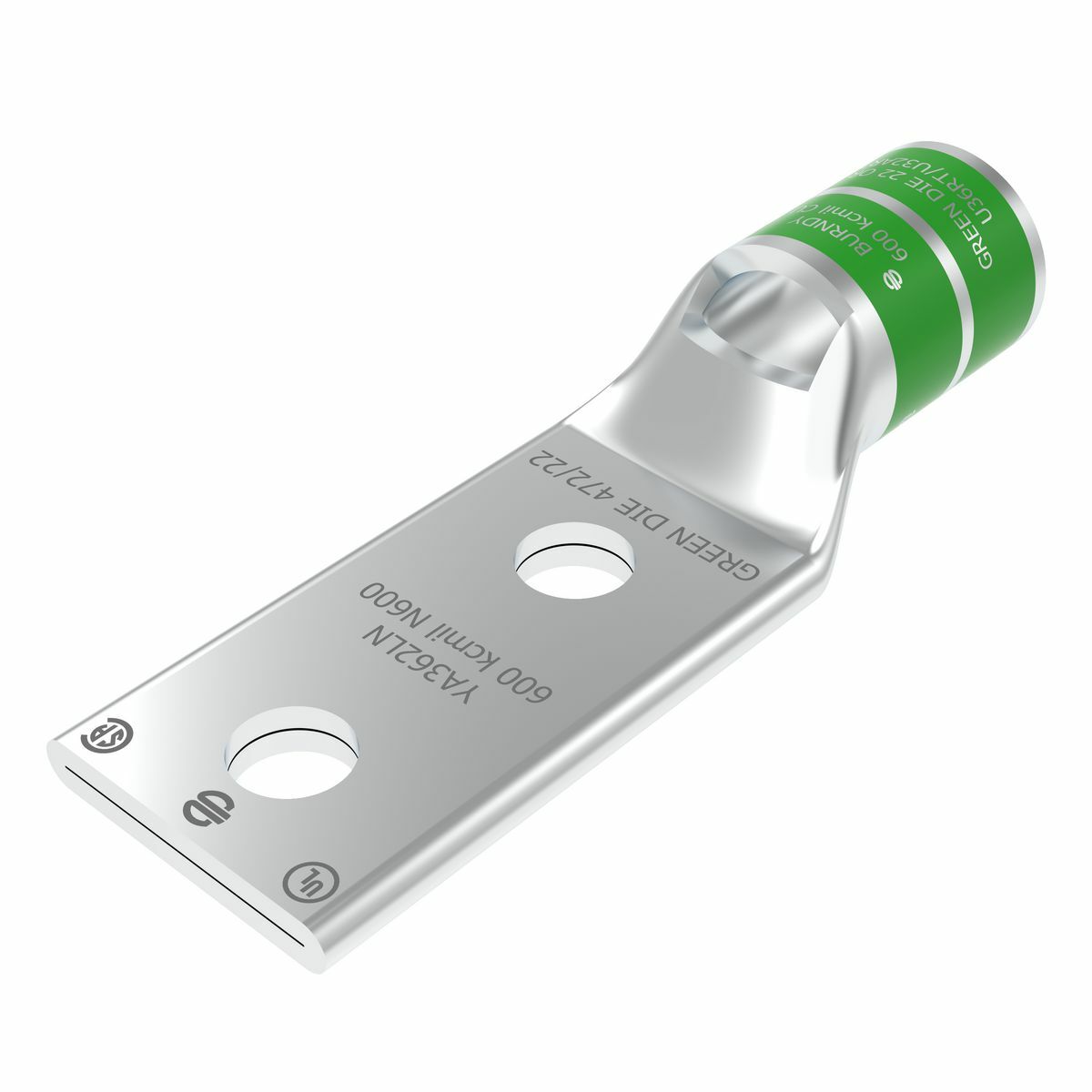 YA362LN YA-2LN 2-Hole Compression Lug With Inspection Window, 600 kcmil Stranded Copper Conductor, Die Code: 22/472, 1/2 in Stud, Copper