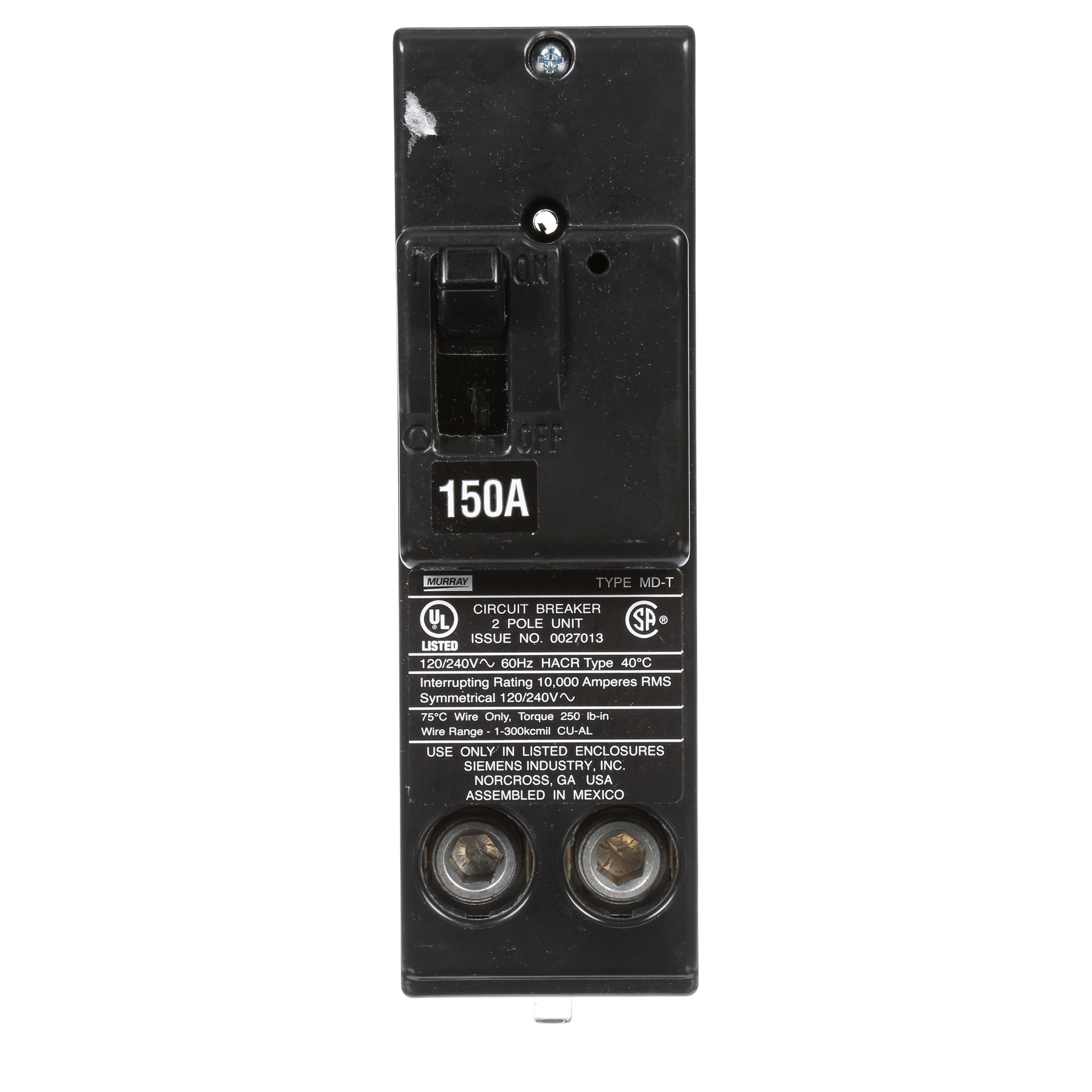 MPD2150 Low Voltage Molded Case Circuit Breaker, 120/240 VAC, 150 A, 10 kA Interrupt, 2 Poles, Thermal Magnetic Trip