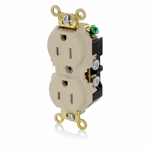 5262-SGI Duplex Extra Heavy Duty Self-Grounding Tamper Resistant Straight Blade Receptacle, 125 V AC, 15 A, 2 Poles, 3 Wires, Ivory