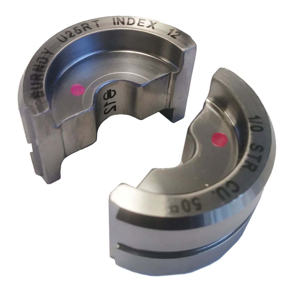 U25RT Style U Circular Butting Twin Crimping Die, 1/0 AWG Copper/Stranded Cable, Stainless Steel
