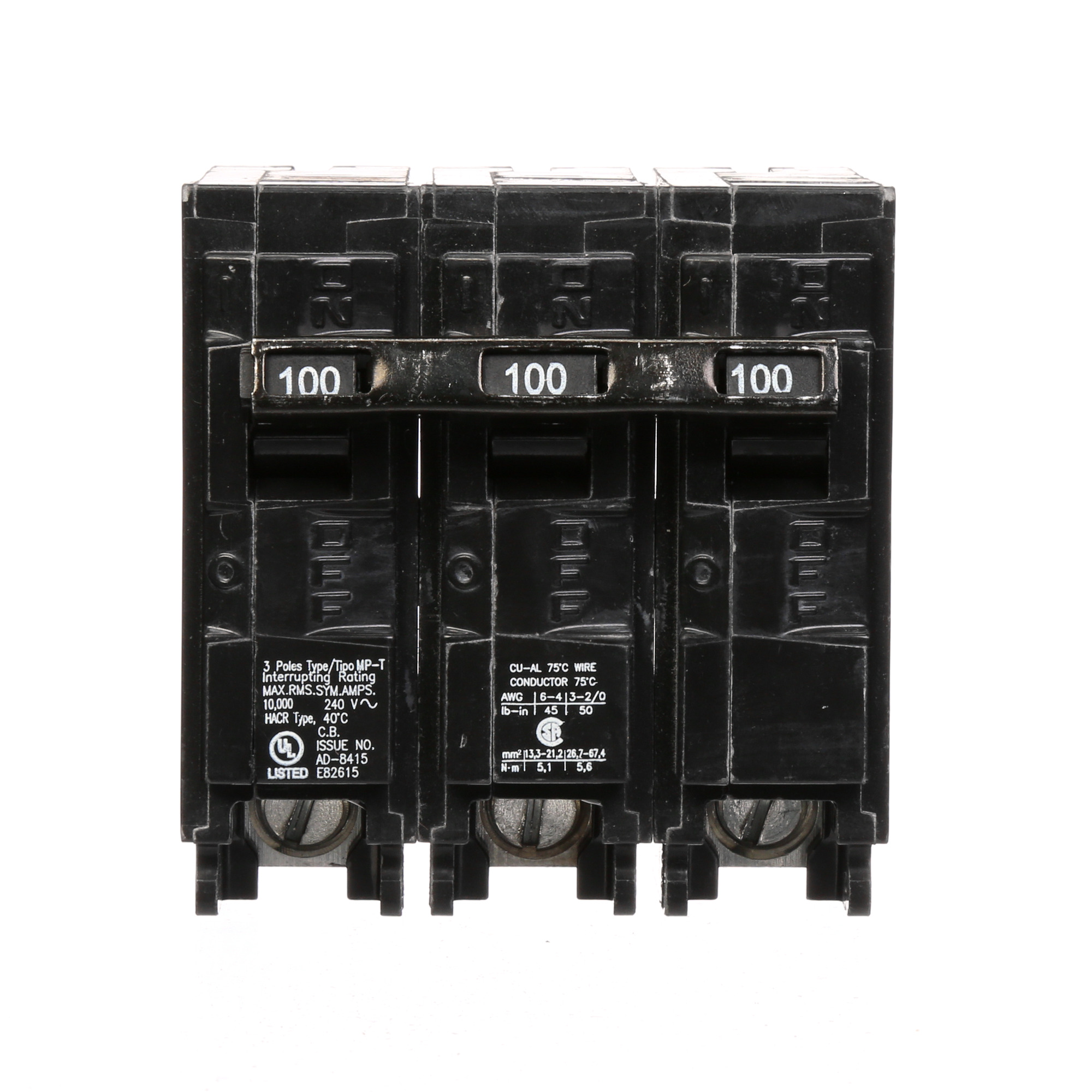 MP3100 Murray Low Voltage Miniature Residential Molded Case Circuit Breaker, 240 VAC, 100 A, 10 kA Interrupt, 3 Poles, Thermal Magnetic Trip