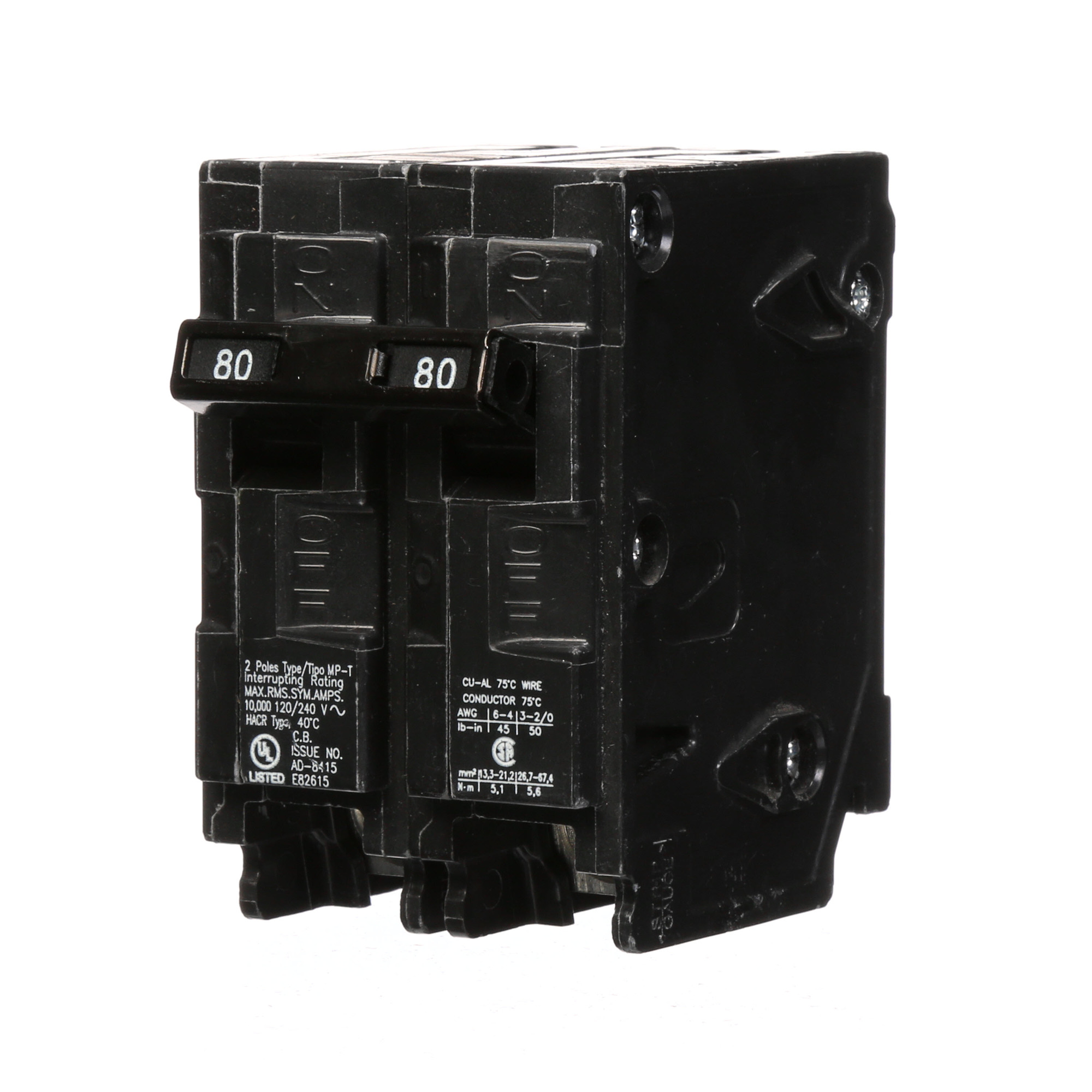 MP280 SpeedFax Low Voltage Molded Case Circuit Breaker, 120/240 VAC, 80 A, 10 kA Interrupt, 2 Poles, Thermal Magnetic Trip