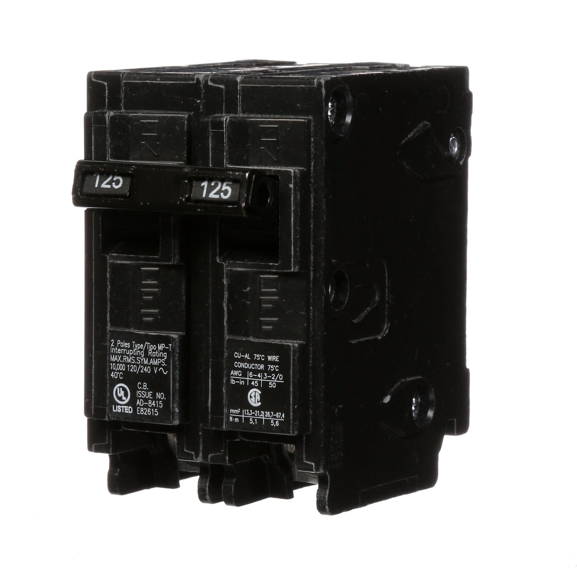 MP2125 Low Voltage Miniature Residential Molded Case Circuit Breaker, 120/240 VAC, 125 A, 10 kA Interrupt, 2 Poles, Thermal Magnetic Trip