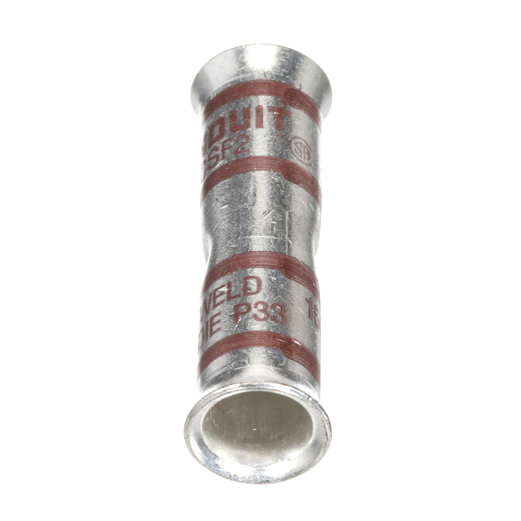 SCSF2-E Pan-Lug Compression Butt Splice, 2 AWG Conductor, 1.87 in L, Flared/Seamless/Standard Barrel, Copper, Brown