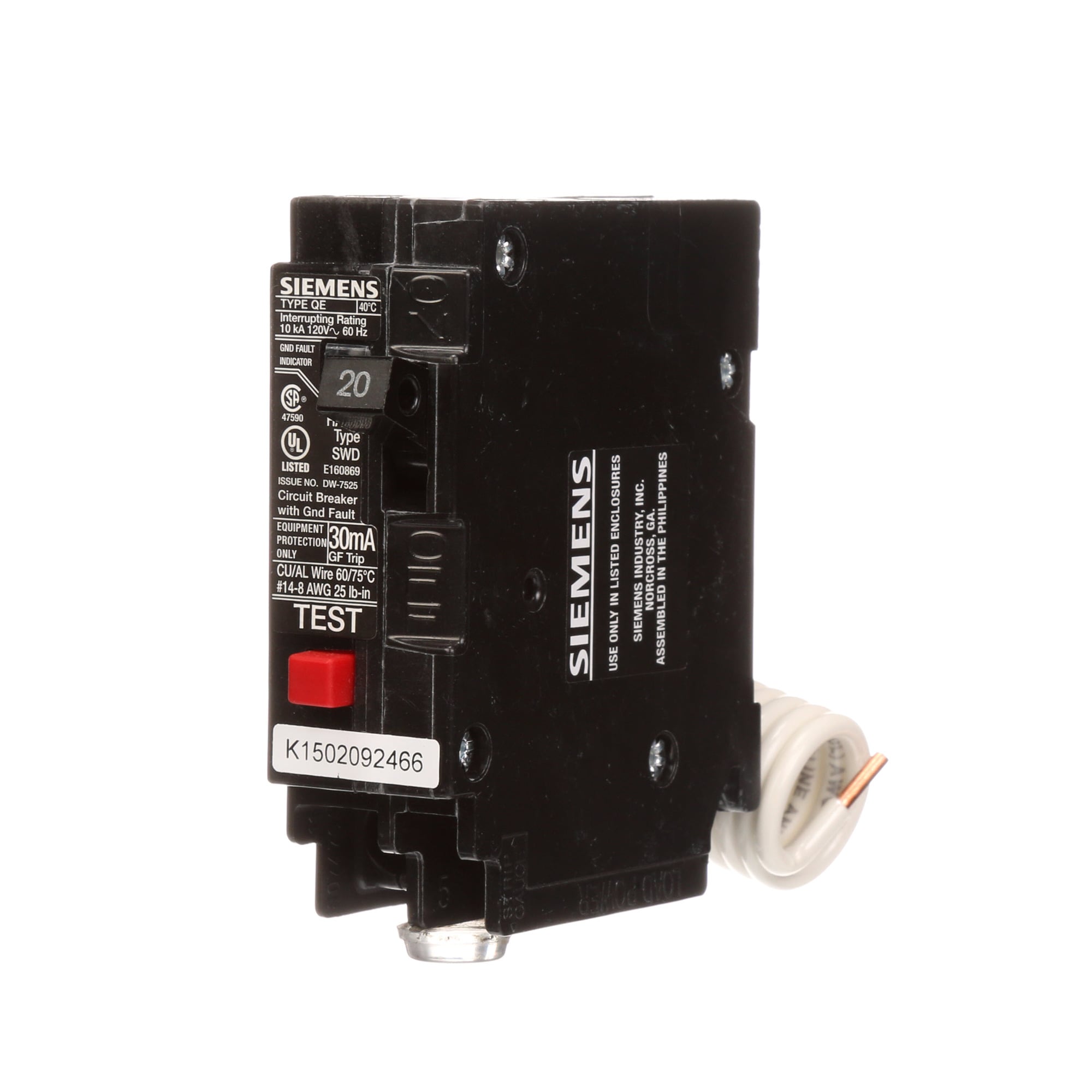 QE120 Type QE Ground Fault Circuit Breaker, 120 V AC, 20 A, 10 kA Interrupt, 1 Poles, Thermal Magnetic Trip