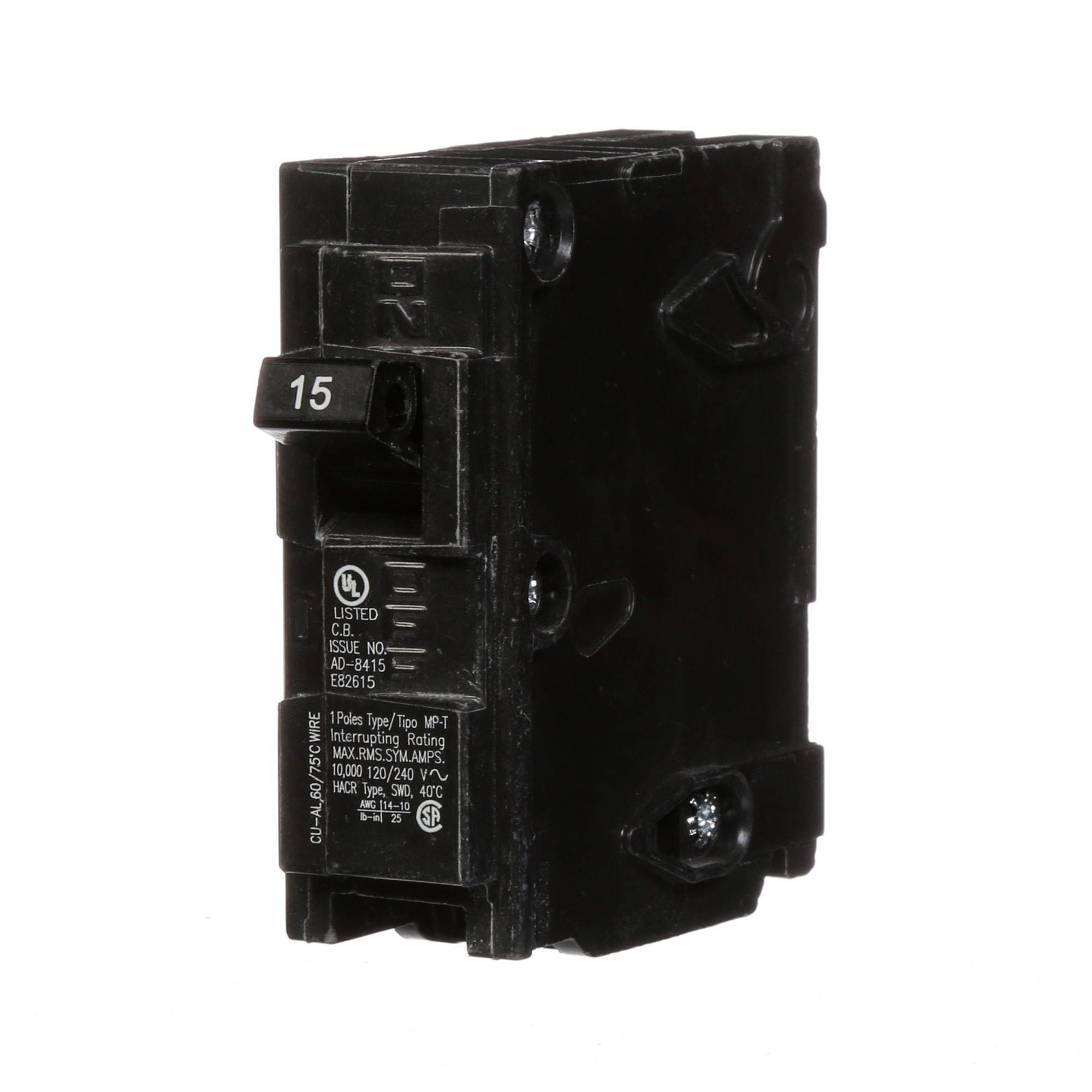 MP115 Murray SpeedFax Low Voltage Molded Case Circuit Breaker, 120 VAC, 15 A, 10 kA Interrupt, 1 Poles, Thermal Magnetic Trip