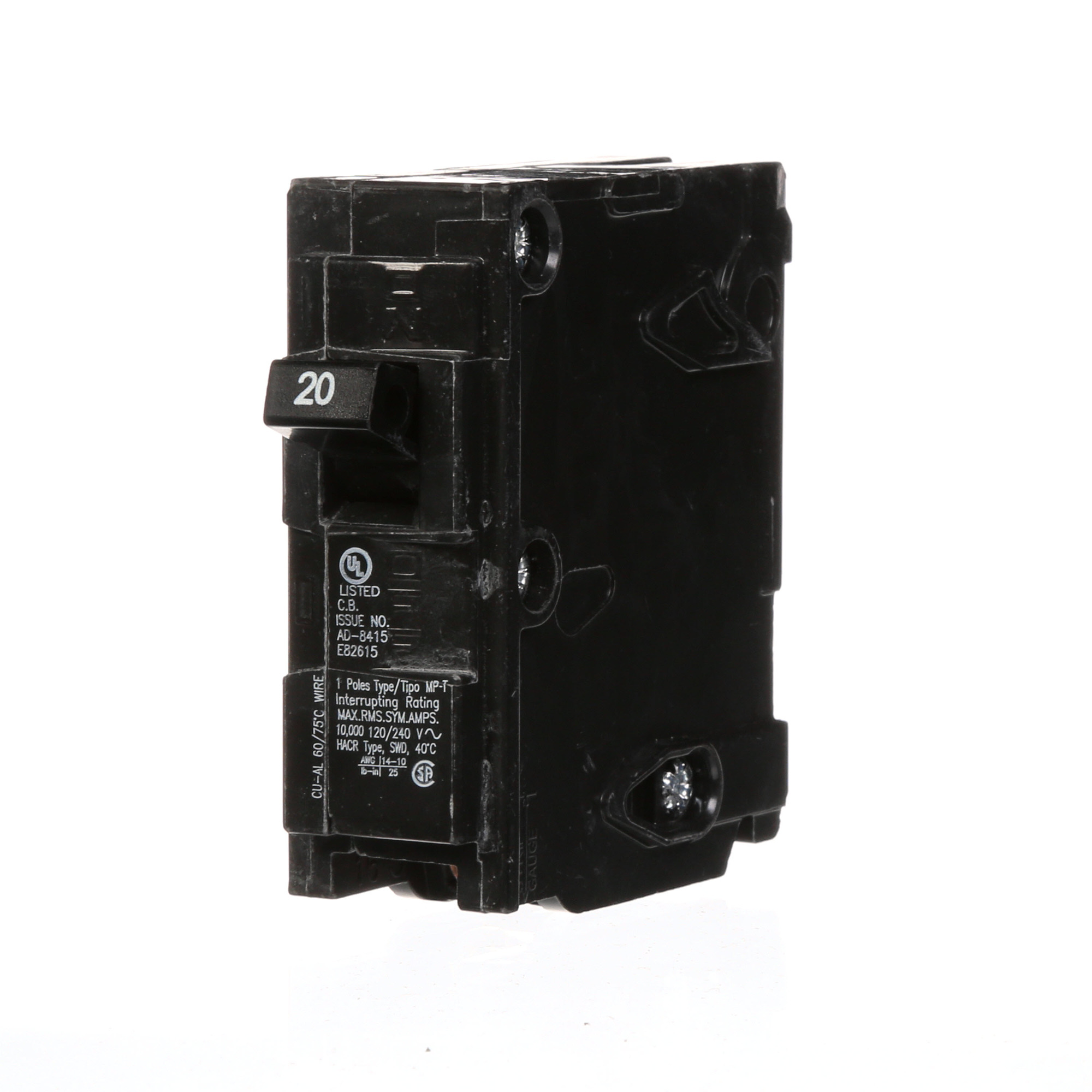 MP120 Murray Low Voltage Miniature Molded Case Circuit Breaker, 120 V AC, 20 A, 10 kA Interrupt, 1 Pole, Thermal Magnetic Trip