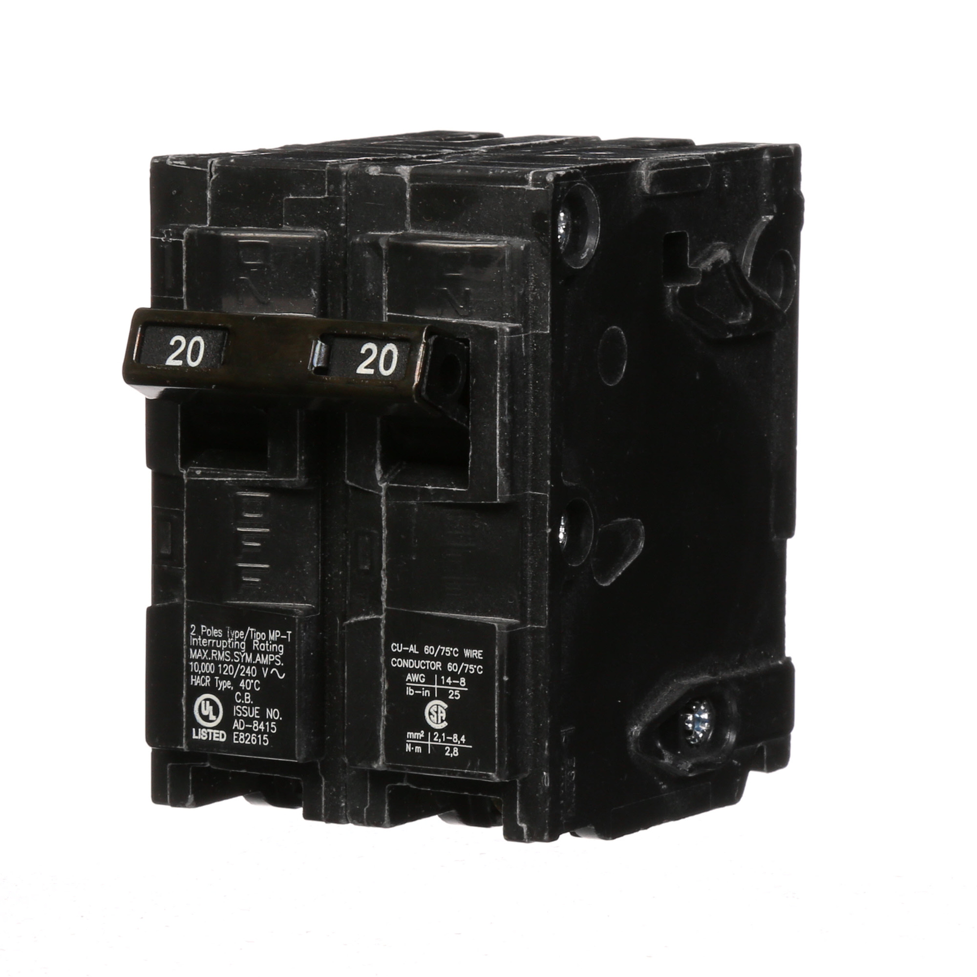 MP220 Type MP-T Molded Case Circuit Breaker, 120/240 VAC, 20 A, 10 kA Interrupt, 2 Poles, Thermal Magnetic Trip
